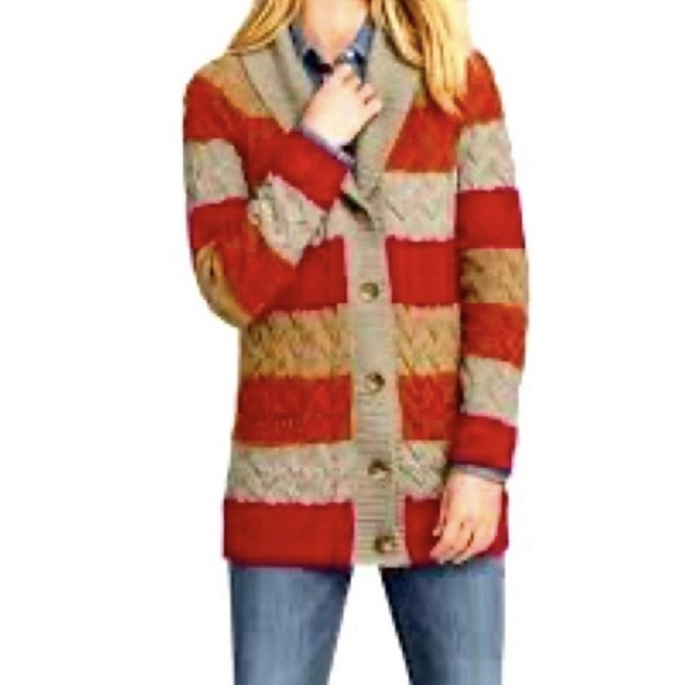 Lands End Drifter Cardigan Sweater Size XL Striped Cable Knit Shawl Collar Retro